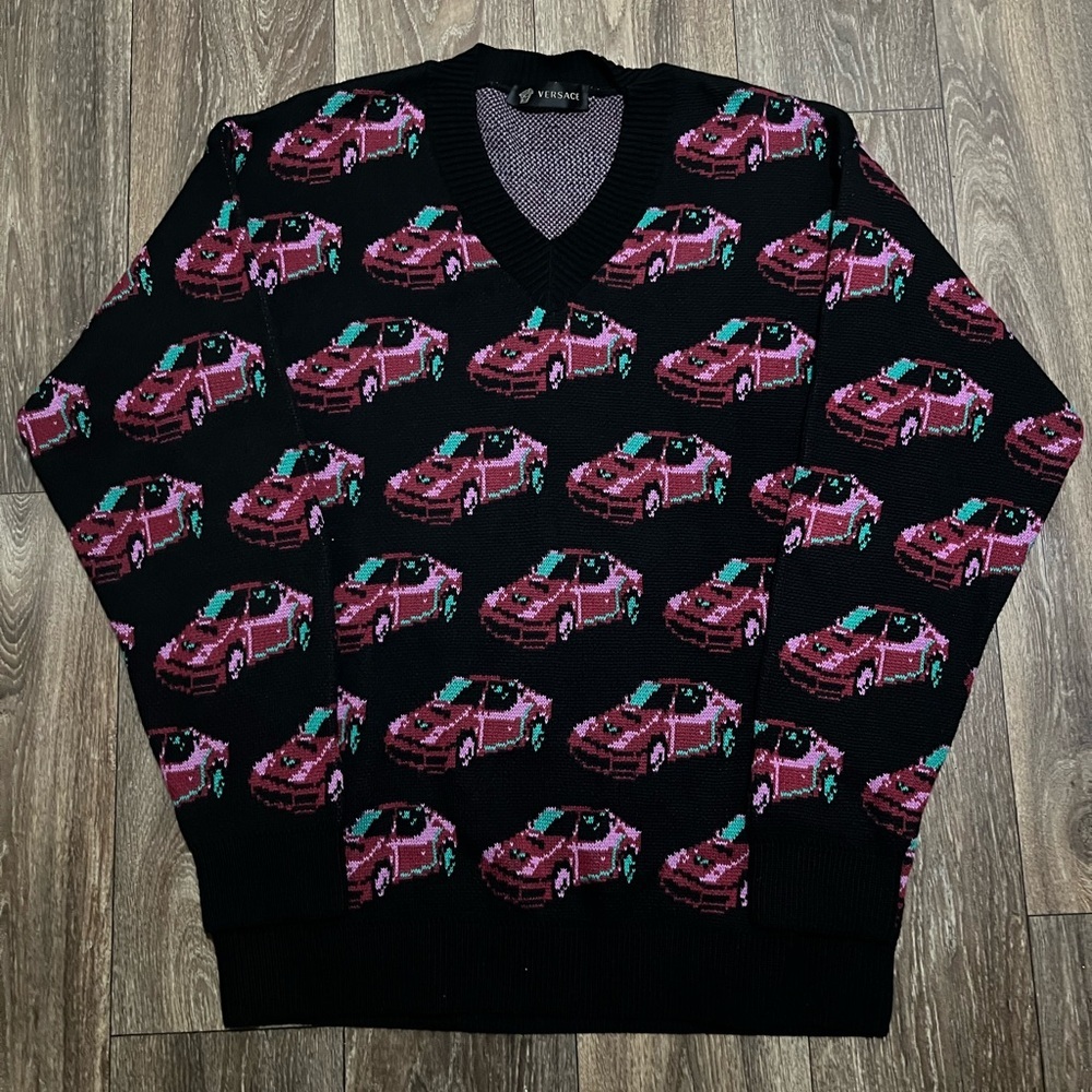 Versace Sports Cars Print V-Neck Sweater